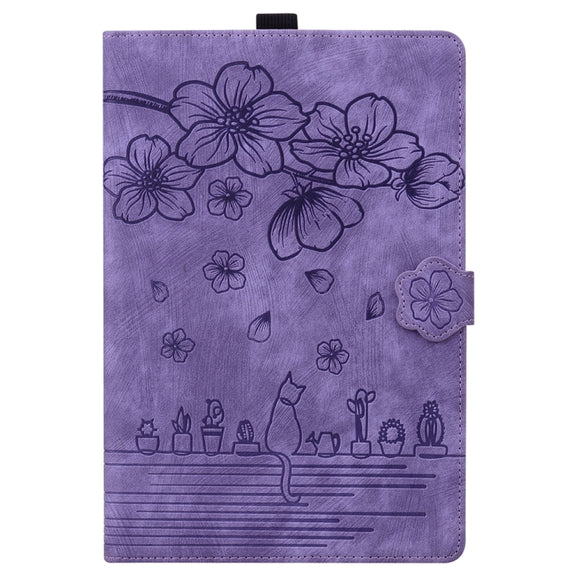 For iPad Pro 13 2024 Cartoon Sakura Cat Embossed Smart Leather Tablet Case(Purple)