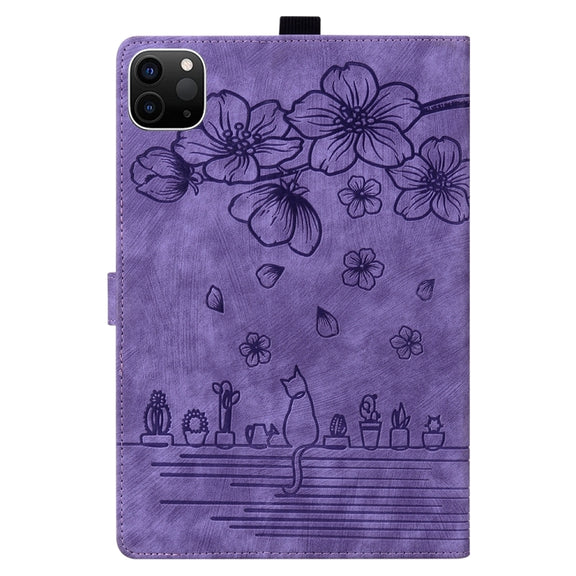 For iPad Pro 13 2024 Cartoon Sakura Cat Embossed Smart Leather Tablet Case(Purple)
