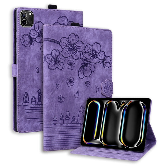 For iPad Pro 13 2024 Cartoon Sakura Cat Embossed Smart Leather Tablet Case(Purple)