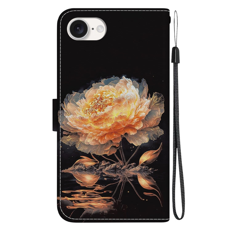 For iPhone 16e Crystal Texture Colored Drawing Leather Phone Case(Gold Peony)