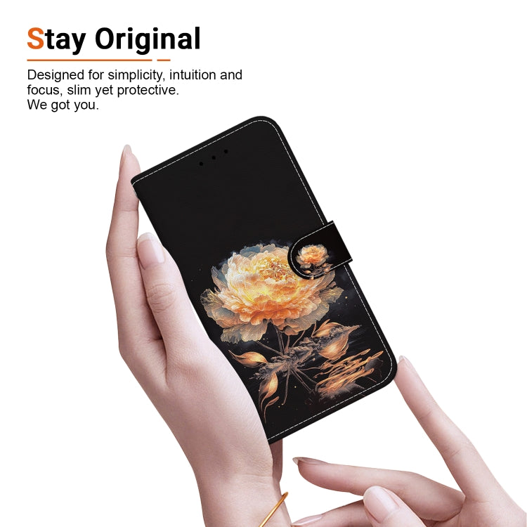 For iPhone 16e Crystal Texture Colored Drawing Leather Phone Case(Gold Peony) - iPhone 16e Cases by PMC TechLife | Online Shopping South Africa | PMC TechLife | Buy Now Pay Later Mobicred