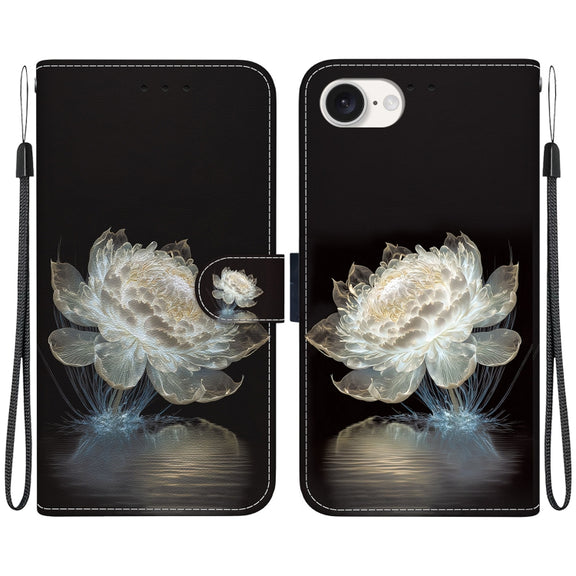 For iPhone 16e Crystal Texture Colored Drawing Leather Phone Case(Crystal Peony)