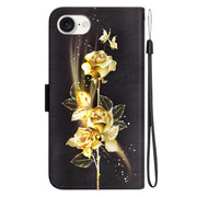 For iPhone 16e Crystal Texture Colored Drawing Leather Phone Case(Gold Butterfly Rose)