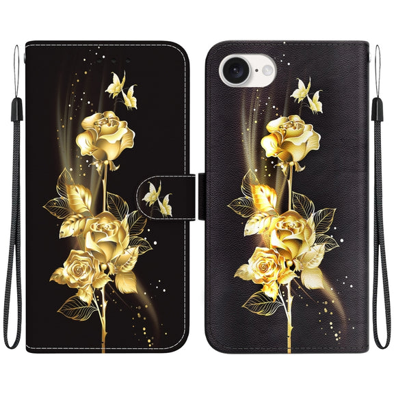 For iPhone 16e Crystal Texture Colored Drawing Leather Phone Case(Gold Butterfly Rose)