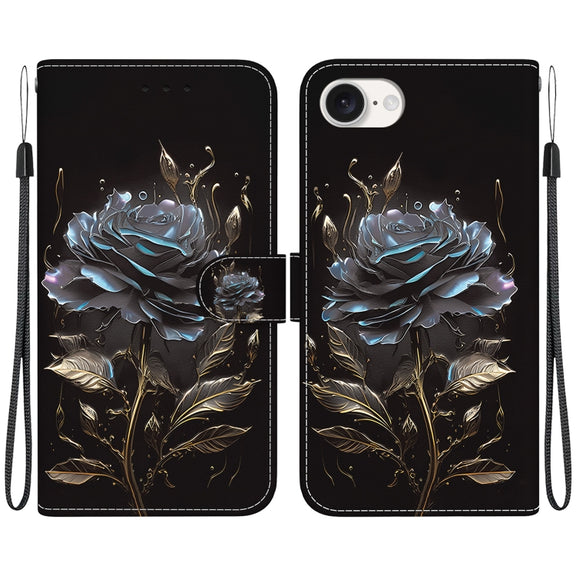 For iPhone 16e Crystal Texture Colored Drawing Leather Phone Case(Black Rose)