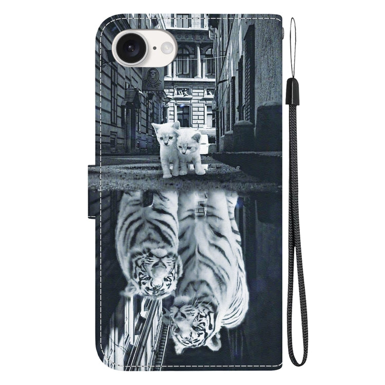 For iPhone 16e Crystal Texture Colored Drawing Leather Phone Case(Cat Tiger Reflection) - iPhone 16e Cases by PMC TechLife | Online Shopping South Africa | PMC TechLife | Buy Now Pay Later Mobicred