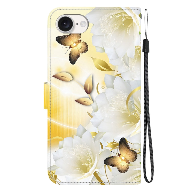 For iPhone 16e Crystal Texture Colored Drawing Leather Phone Case(Gold Butterfly Epiphyllum) - iPhone 16e Cases by PMC TechLife | Online Shopping South Africa | PMC TechLife | Buy Now Pay Later Mobicred