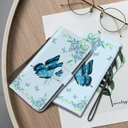 For iPhone 16 Crystal Texture Colored Drawing Leather Phone Case(Blue Pansies)