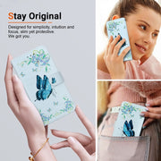 For iPhone 16 Crystal Texture Colored Drawing Leather Phone Case(Blue Pansies)