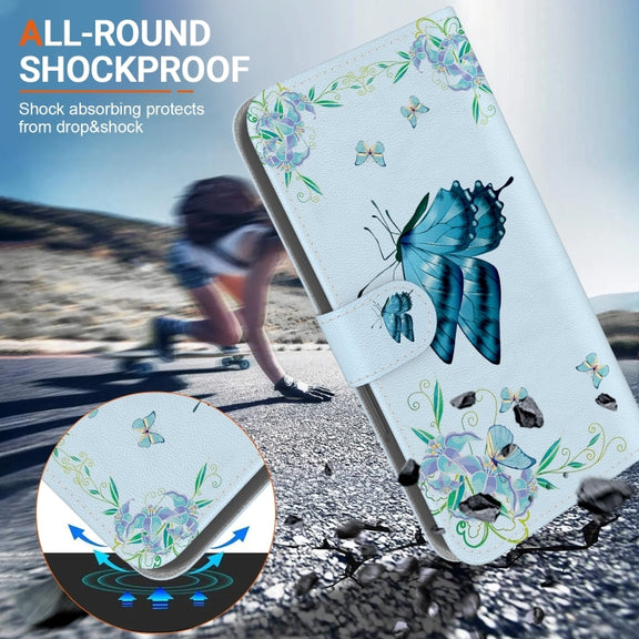 For iPhone 16 Crystal Texture Colored Drawing Leather Phone Case(Blue Pansies)