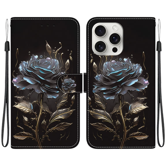 For iPhone 16 Pro Crystal Texture Colored Drawing Leather Phone Case(Black Rose)