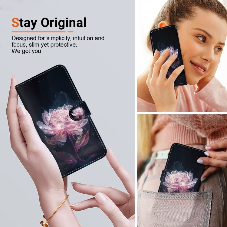 For iPhone 16 Pro Max Crystal Texture Colored Drawing Leather Phone Case(Purple Peony)