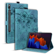 For Samsung Galaxy Tab S9 Ultra /S8 Ultra Cartoon Sakura Cat Embossed Leather Tablet Case(Green)