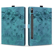 For Samsung Galaxy Tab S9 Ultra /S8 Ultra Cartoon Sakura Cat Embossed Leather Tablet Case(Green)