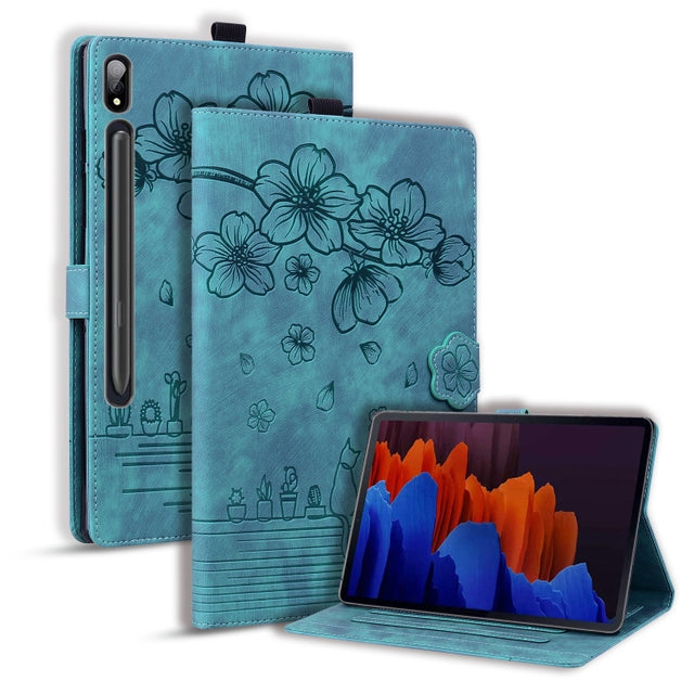 For Samsung Galaxy Tab S9 Ultra /S8 Ultra Cartoon Sakura Cat Embossed Leather Tablet Case(Green)
