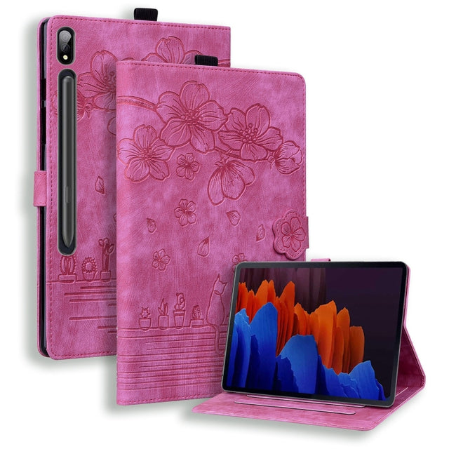 For Samsung Galaxy Tab S9 Ultra /S8 Ultra Cartoon Sakura Cat Embossed Leather Tablet Case(Rose Red)