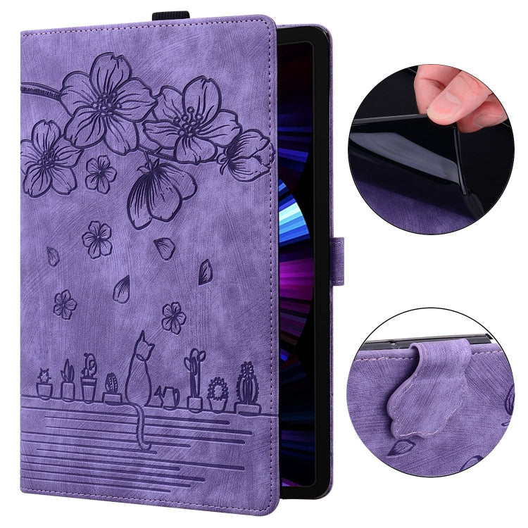 For Samsung Galaxy Tab S9 Ultra /S8 Ultra Cartoon Sakura Cat Embossed Leather Tablet Case(Purple)
