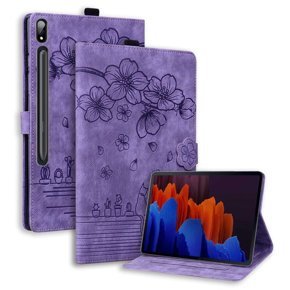 For Samsung Galaxy Tab S9 Ultra /S8 Ultra Cartoon Sakura Cat Embossed Leather Tablet Case(Purple)