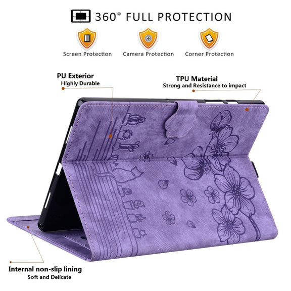 For Samsung Galaxy Tab S9 Ultra /S8 Ultra Cartoon Sakura Cat Embossed Leather Tablet Case(Purple)