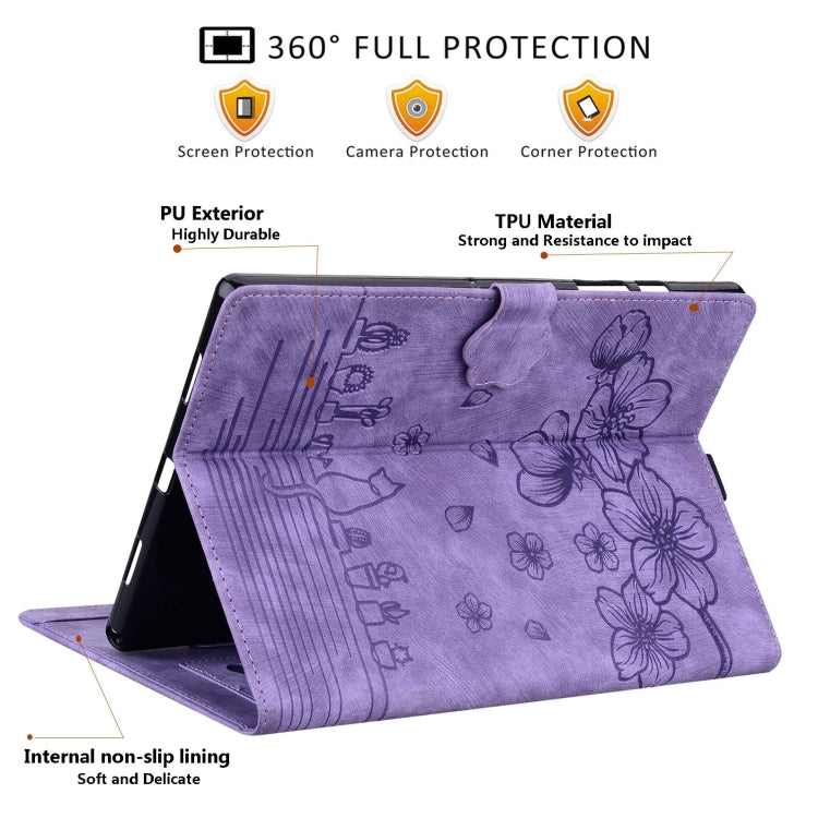 For Samsung Galaxy Tab S9 Ultra /S8 Ultra Cartoon Sakura Cat Embossed Leather Tablet Case(Purple)
