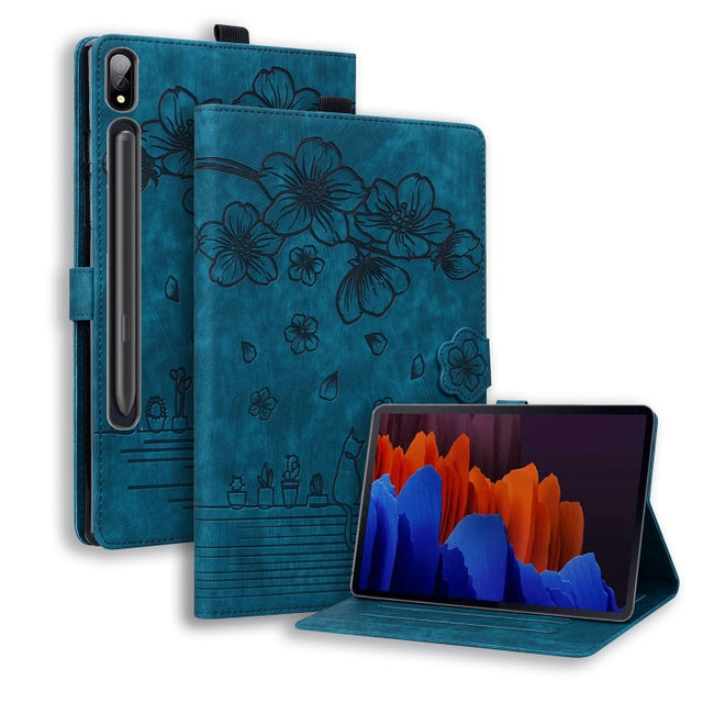 For Samsung Galaxy Tab S9 Ultra /S8 Ultra Cartoon Sakura Cat Embossed Leather Tablet Case(Blue)