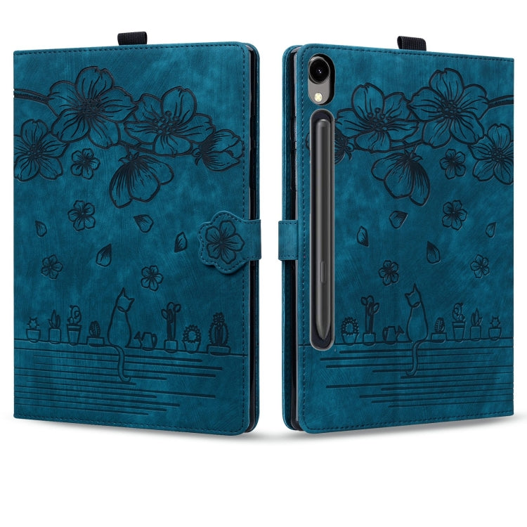 For Samsung Galaxy Tab S9 FE Cartoon Sakura Cat Embossed Leather Tablet Case(Blue)