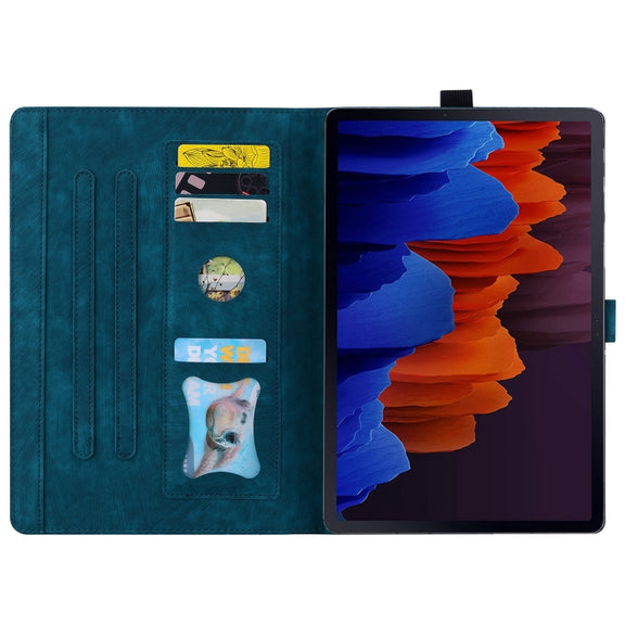 For Samsung Galaxy Tab S9 FE Cartoon Sakura Cat Embossed Leather Tablet Case(Blue)