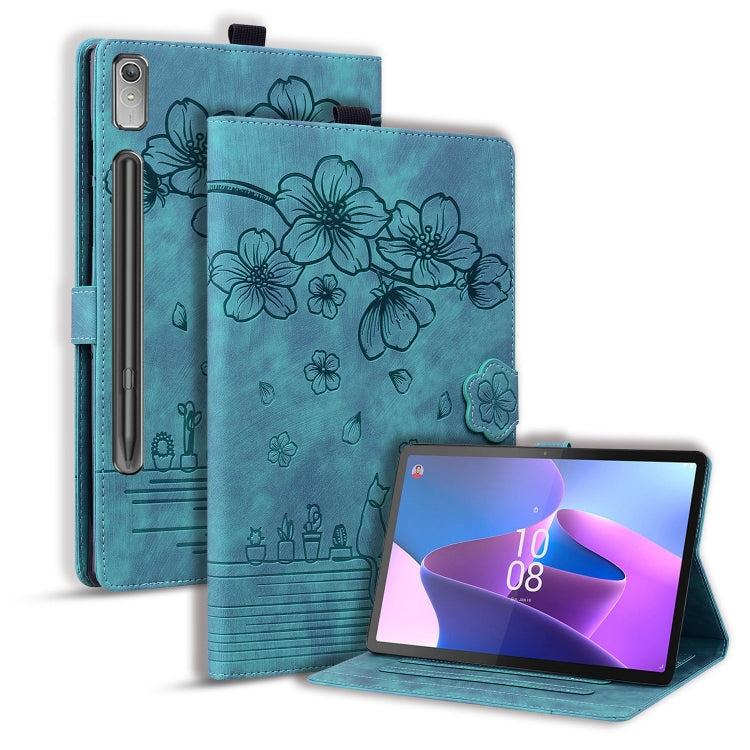 For Lenovo Tab P12 12.7 Cartoon Sakura Cat Embossed Leather Tablet Case(Green) - Lenovo by PMC TechLife | Online Shopping South Africa | PMC TechLife | Buy Now Pay Later Mobicred