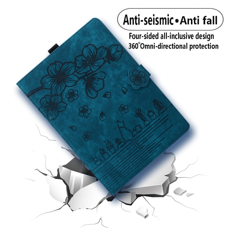 For Lenovo Tab P12 12.7 Cartoon Sakura Cat Embossed Leather Tablet Case(Blue)
