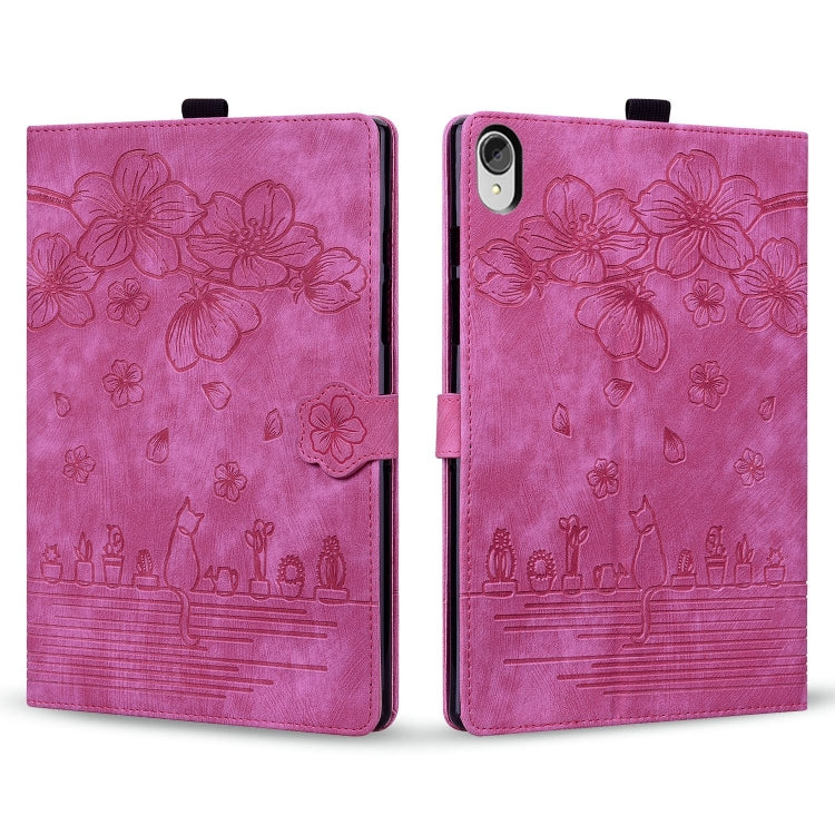 For Lenovo Tab P11 TB-J606F Cartoon Sakura Cat Embossed Leather Tablet Case(Rose Red)