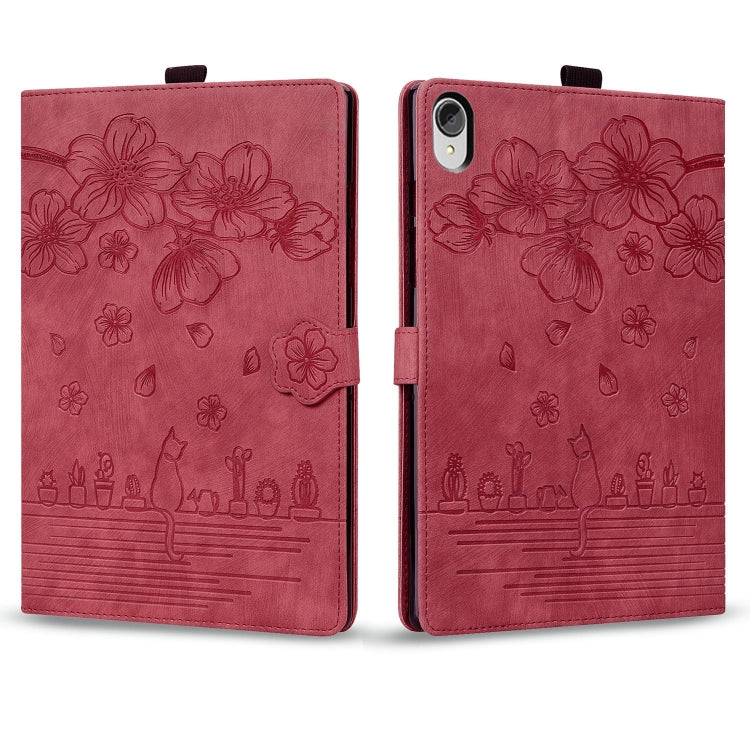 For Lenovo Tab P11 TB-J606F Cartoon Sakura Cat Embossed Leather Tablet Case(Red) - Lenovo by PMC TechLife | Online Shopping South Africa | PMC TechLife | Buy Now Pay Later Mobicred