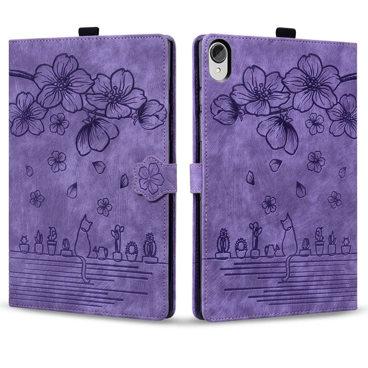 For Lenovo Tab P11 TB-J606F Cartoon Sakura Cat Embossed Leather Tablet Case(Purple) - Lenovo by PMC TechLife | Online Shopping South Africa | PMC TechLife | Buy Now Pay Later Mobicred