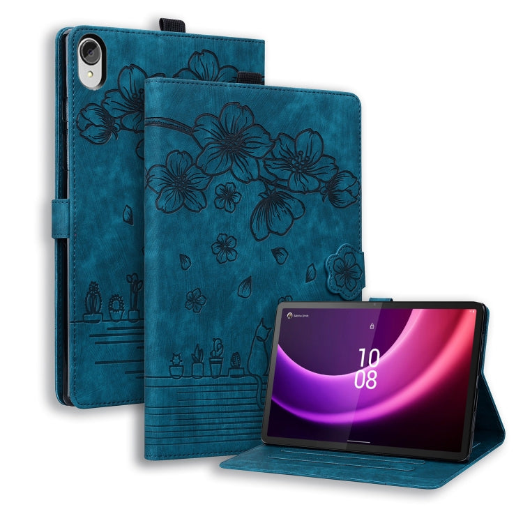 For Lenovo Tab P11 TB-J606F Cartoon Sakura Cat Embossed Leather Tablet Case(Blue) - Lenovo by PMC TechLife | Online Shopping South Africa | PMC TechLife | Buy Now Pay Later Mobicred