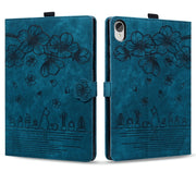 For Lenovo Tab P11 TB-J606F Cartoon Sakura Cat Embossed Leather Tablet Case(Blue)