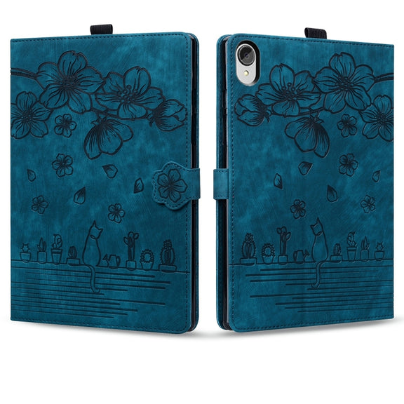 For Lenovo Tab P11 TB-J606F Cartoon Sakura Cat Embossed Leather Tablet Case(Blue)