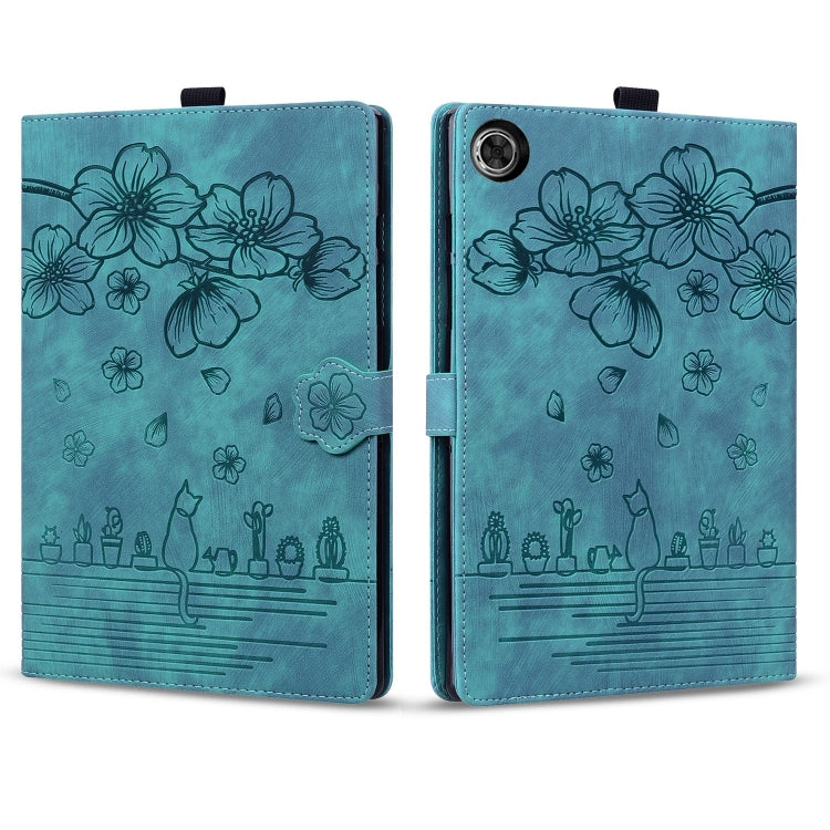 For Lenovo Tab M10 Plus 3rd Gen 2022 Cartoon Sakura Cat Embossed Leather Tablet Case(Green) - Lenovo by PMC TechLife | Online Shopping South Africa | PMC TechLife | Buy Now Pay Later Mobicred