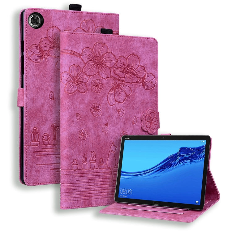 For Lenovo Tab M10 Plus 3rd Gen 2022 Cartoon Sakura Cat Embossed Leather Tablet Case(Rose Red) - Lenovo by PMC TechLife | Online Shopping South Africa | PMC TechLife | Buy Now Pay Later Mobicred