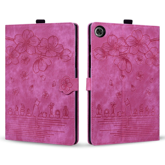 For Lenovo Tab M10 Plus 3rd Gen 2022 Cartoon Sakura Cat Embossed Leather Tablet Case(Rose Red)