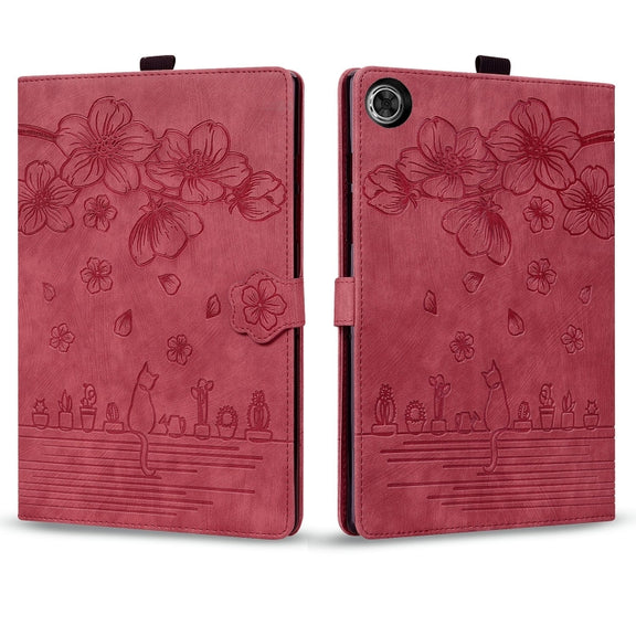 For Lenovo Tab M10 Plus 3rd Gen 2022 Cartoon Sakura Cat Embossed Leather Tablet Case(Red)