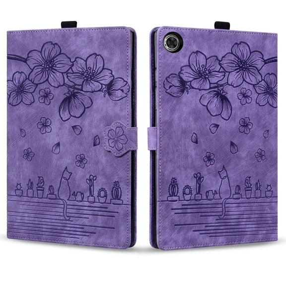 For Lenovo Tab M10 Plus 3rd Gen 2022 Cartoon Sakura Cat Embossed Leather Tablet Case(Purple)