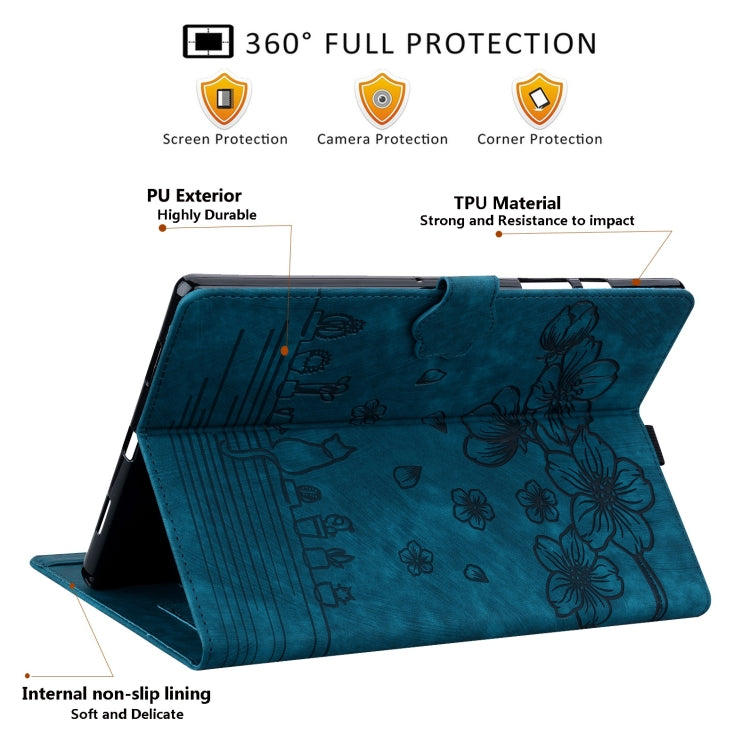 For Lenovo Tab M10 Plus 3rd Gen 2022 Cartoon Sakura Cat Embossed Leather Tablet Case(Blue)