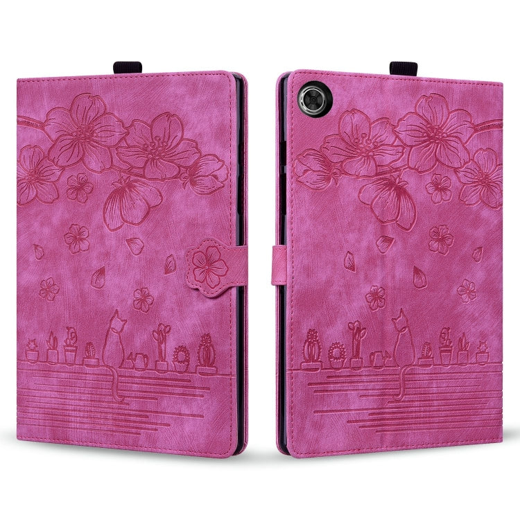 For Lenovo Tab M10 3rd Gen Cartoon Sakura Cat Embossed Leather Tablet Case(Rose Red)