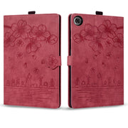 For Lenovo Tab M10 3rd Gen Cartoon Sakura Cat Embossed Leather Tablet Case(Red)