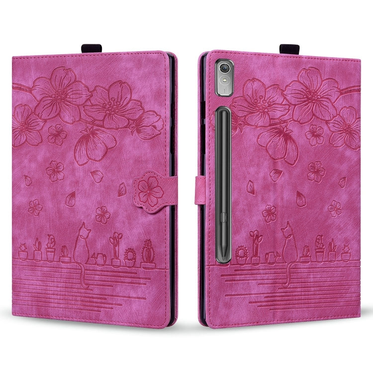 For Lenovo Xiaoxin Pad Pro 2022 / P11 Pro 2 Cartoon Sakura Cat Embossed Leather Tablet Case(Rose Red)
