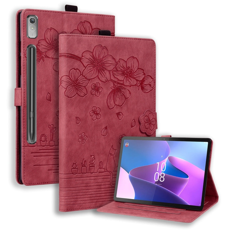 For Lenovo Xiaoxin Pad Pro 2022 / P11 Pro 2 Cartoon Sakura Cat Embossed Leather Tablet Case(Red) - Lenovo by PMC TechLife | Online Shopping South Africa | PMC TechLife | Buy Now Pay Later Mobicred