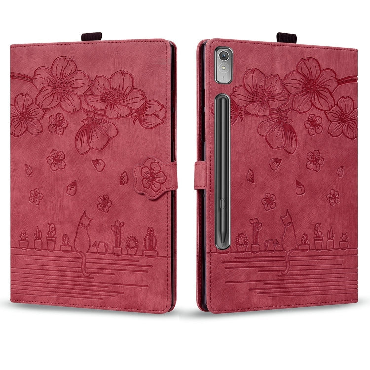 For Lenovo Xiaoxin Pad Pro 2022 / P11 Pro 2 Cartoon Sakura Cat Embossed Leather Tablet Case(Red) - Lenovo by PMC TechLife | Online Shopping South Africa | PMC TechLife | Buy Now Pay Later Mobicred