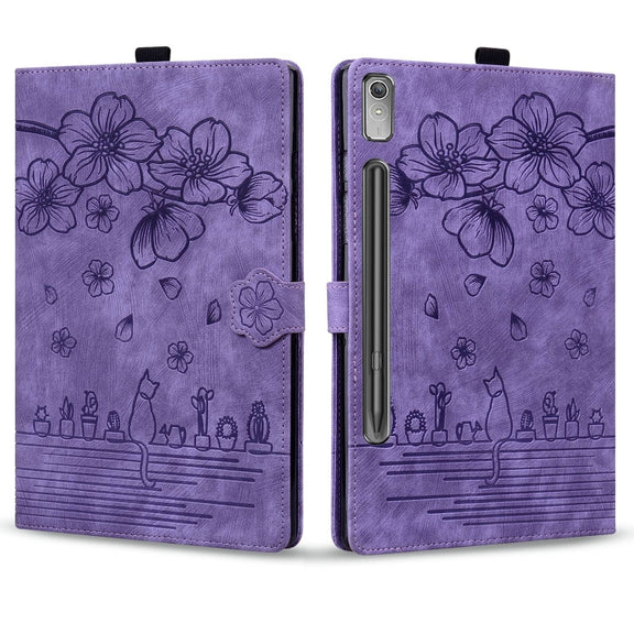 For Lenovo Xiaoxin Pad Pro 2022 / P11 Pro 2 Cartoon Sakura Cat Embossed Leather Tablet Case(Purple)