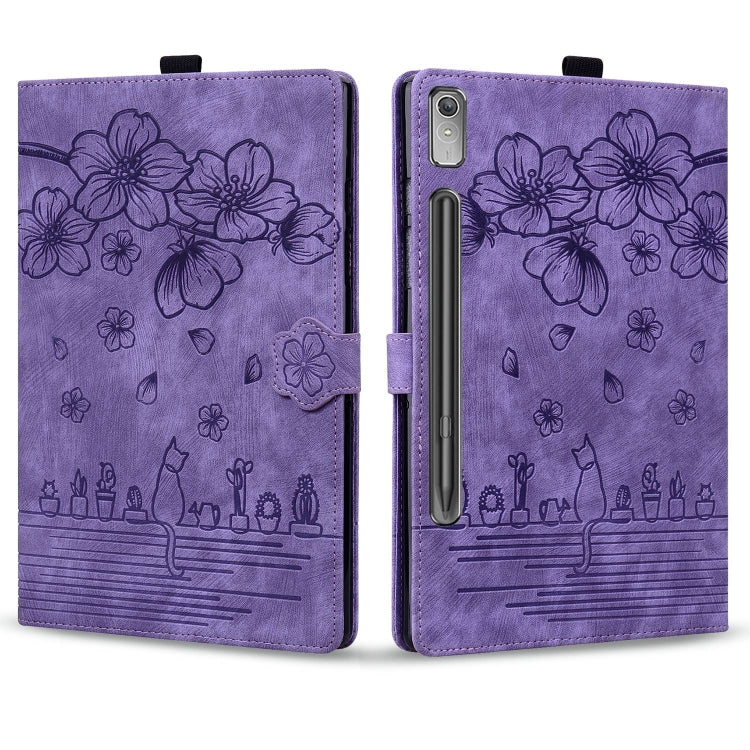 For Lenovo Xiaoxin Pad Pro 2022 / P11 Pro 2 Cartoon Sakura Cat Embossed Leather Tablet Case(Purple)