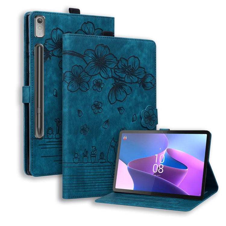 For Lenovo Xiaoxin Pad Pro 2022 / P11 Pro 2 Cartoon Sakura Cat Embossed Leather Tablet Case(Blue) - Lenovo by PMC TechLife | Online Shopping South Africa | PMC TechLife | Buy Now Pay Later Mobicred