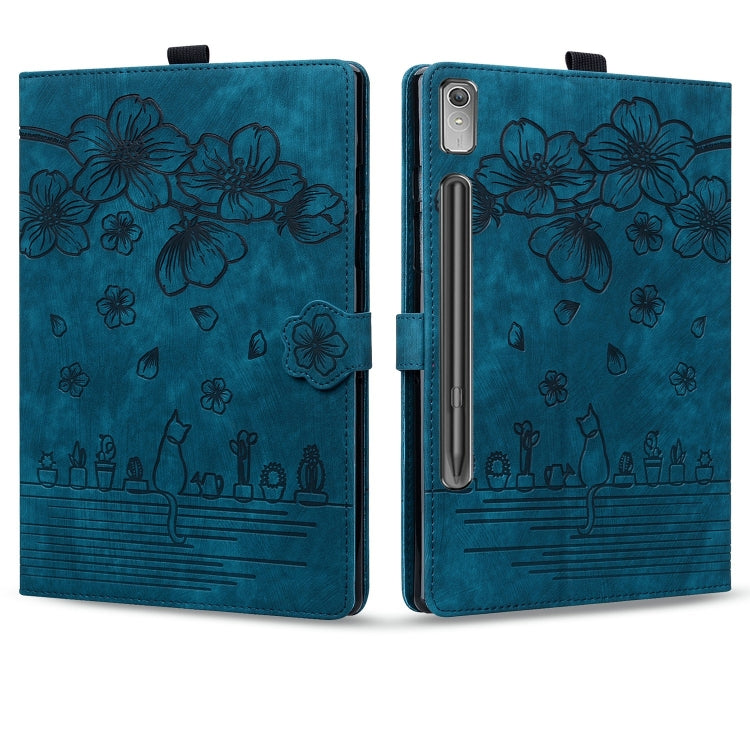For Lenovo Xiaoxin Pad Pro 2022 / P11 Pro 2 Cartoon Sakura Cat Embossed Leather Tablet Case(Blue) - Lenovo by PMC TechLife | Online Shopping South Africa | PMC TechLife | Buy Now Pay Later Mobicred